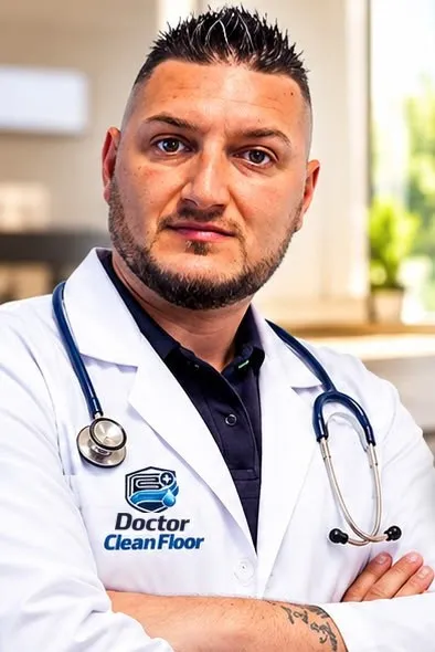 Un Dottore di Doctor Clean Floor con camice e stetoscopio